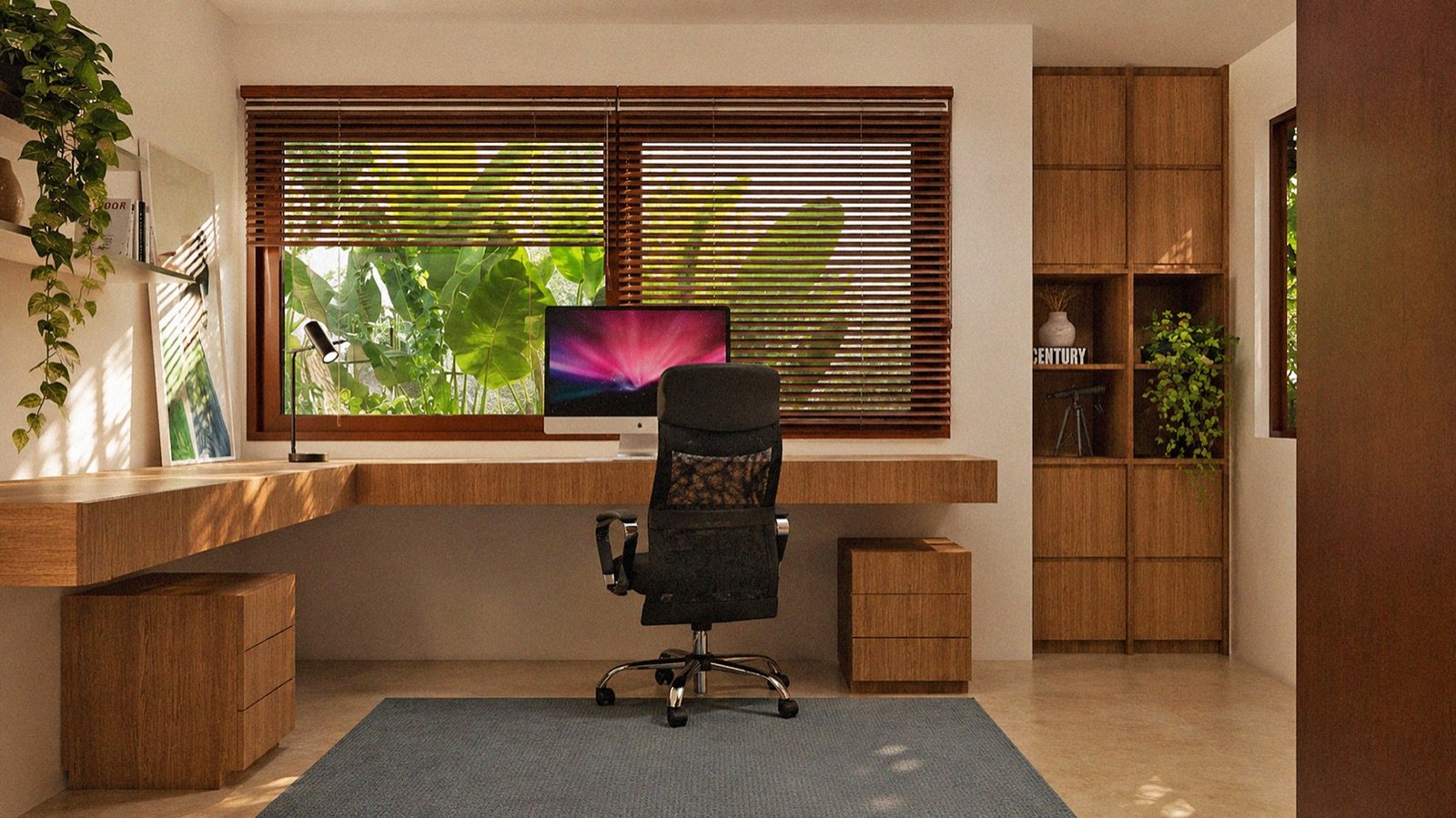 Interior do escritório com marcenaria e bancada ampla