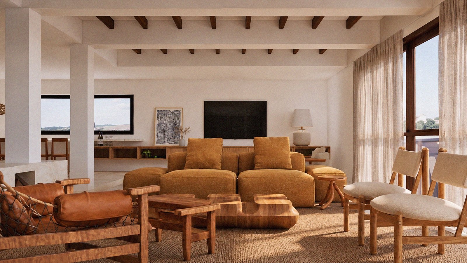 Segundo ângulo do living com mobiliário em tons naturais