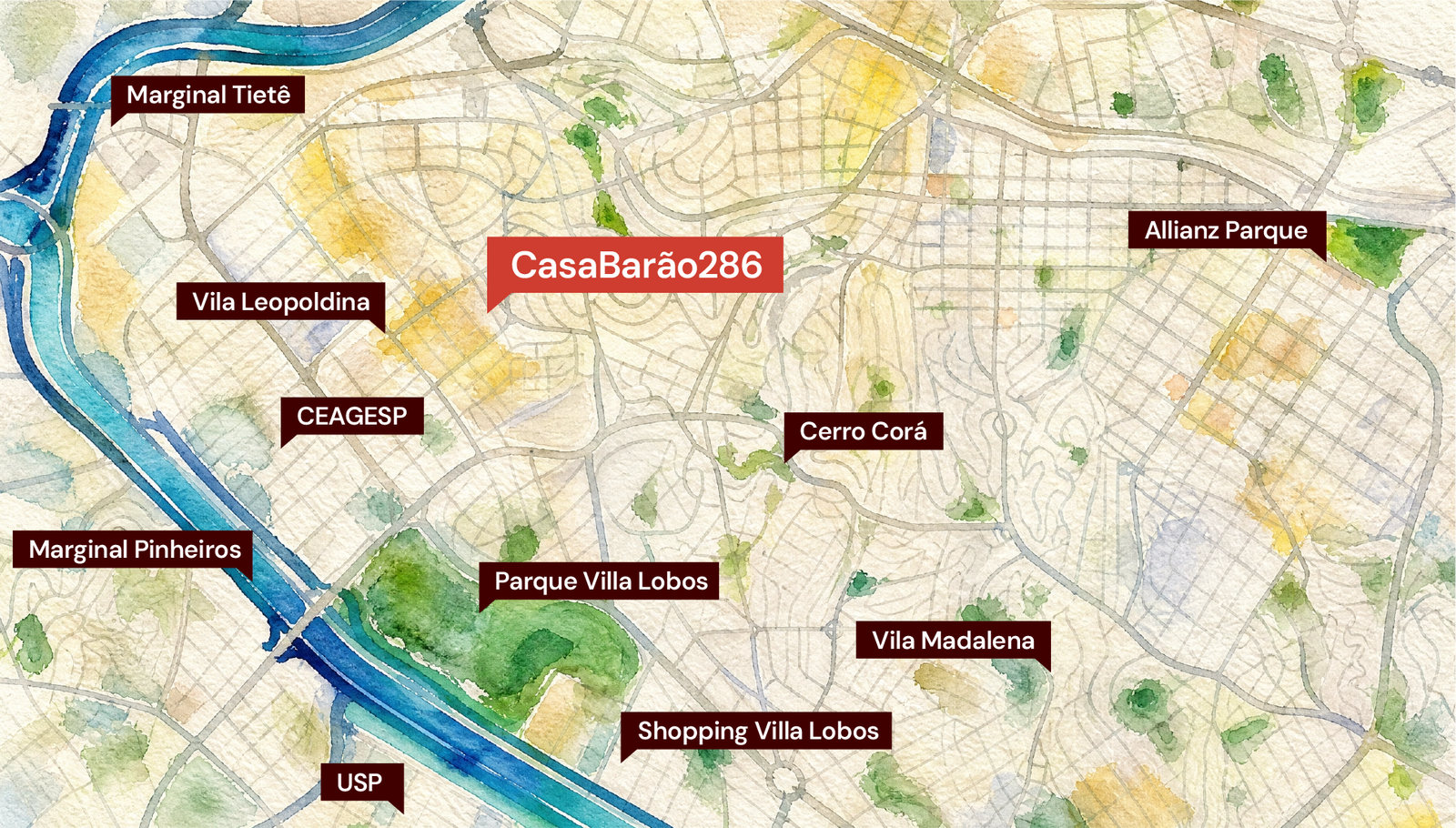 Mapa em aquarela da região do Alto da Lapa, com a Casa Barão 286 e pontos de referência da Zona Oeste de São Paulo