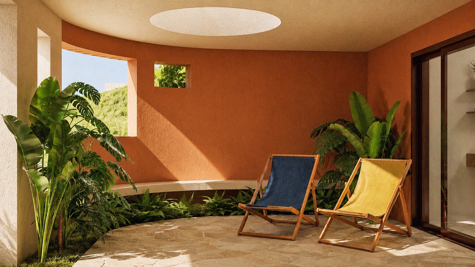 Pátio terracota com poltronas junto ao escritório